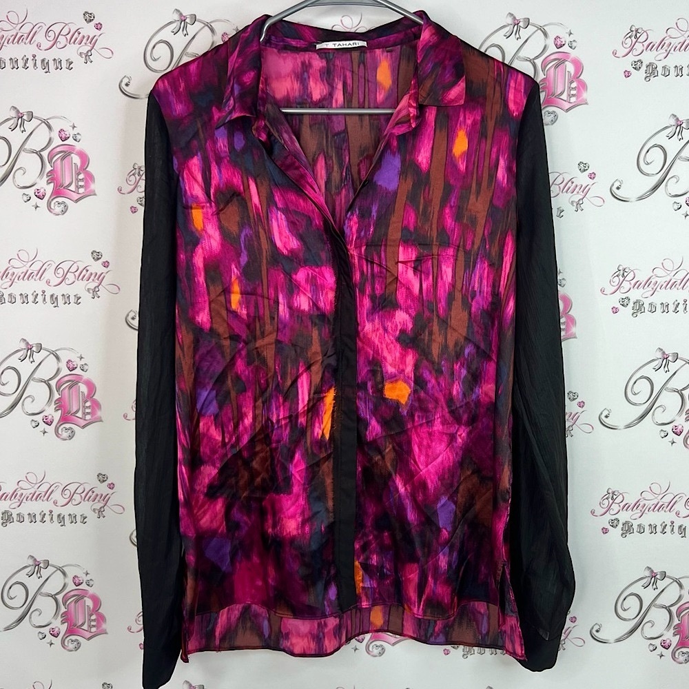 T Tahari blouse button up shiny Vibrant Pink and Black Button Down Shirt